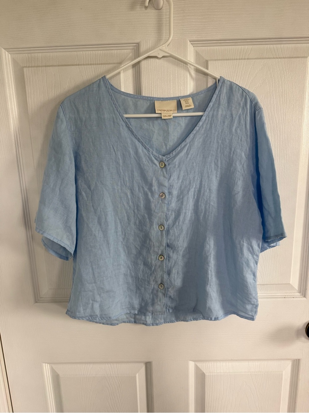 Cynthia Rowley 100% Linen Blue Button Front Top Coastal Fall Layering Lighweight